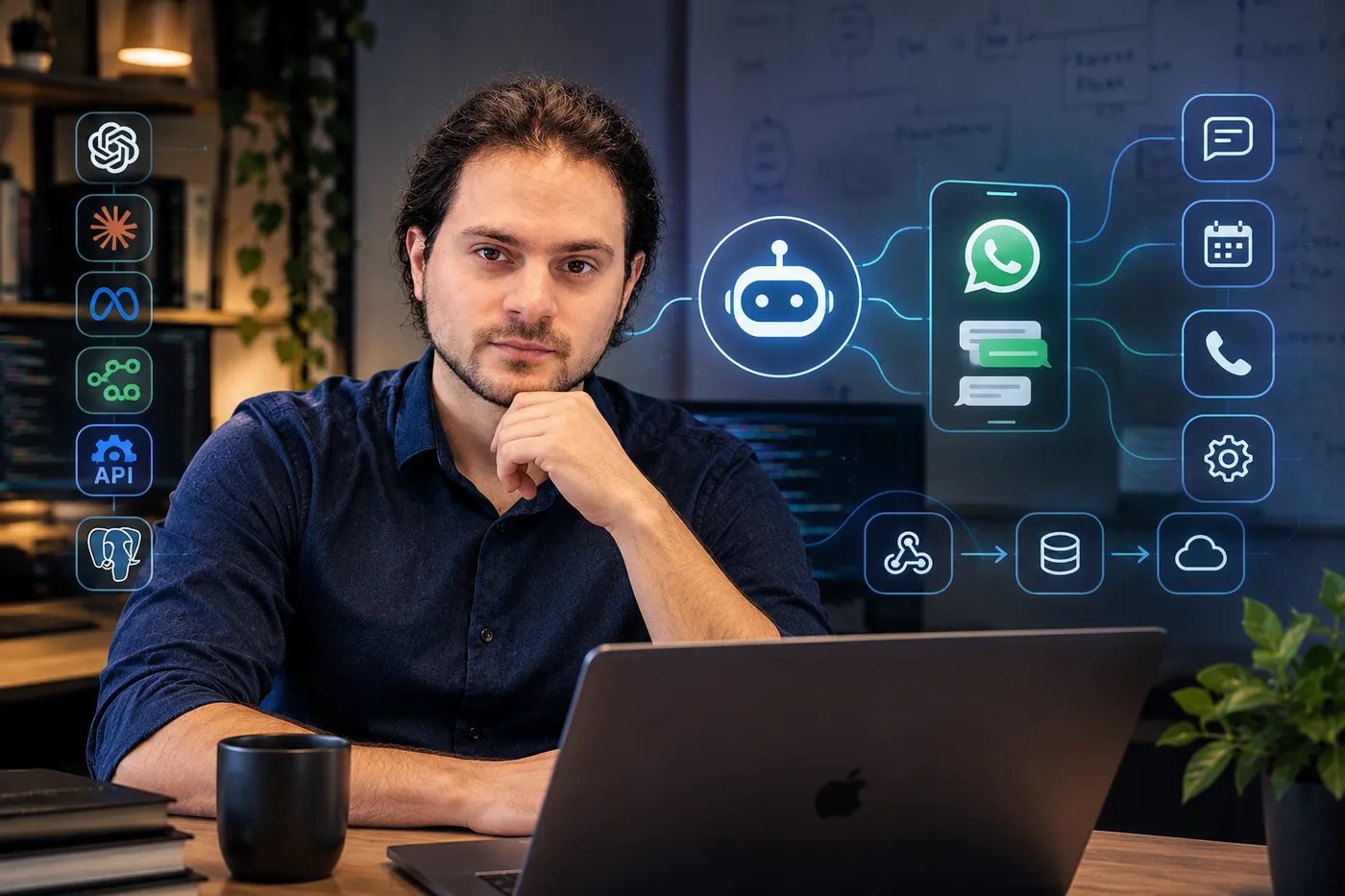 Juan S Profesor frente a su notebook con un esquema de automatización: modelos de IA, un agente conectado a WhatsApp, calendario, llamadas, webhooks, base de datos y nube
